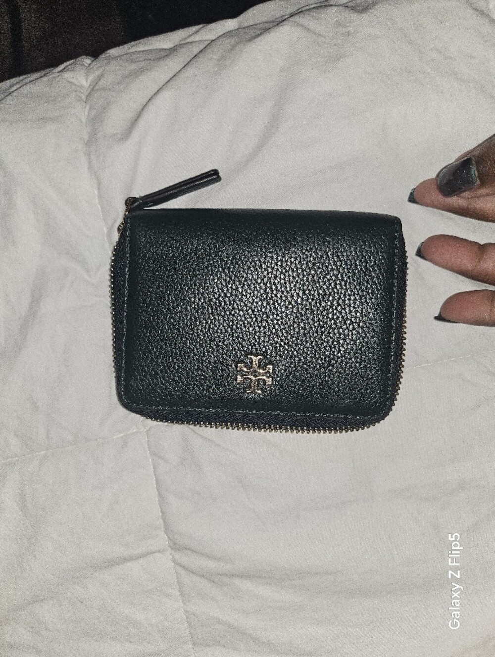 Tory Burch Black Pebbled Leather Zip Coin Card Case with Gold Logo